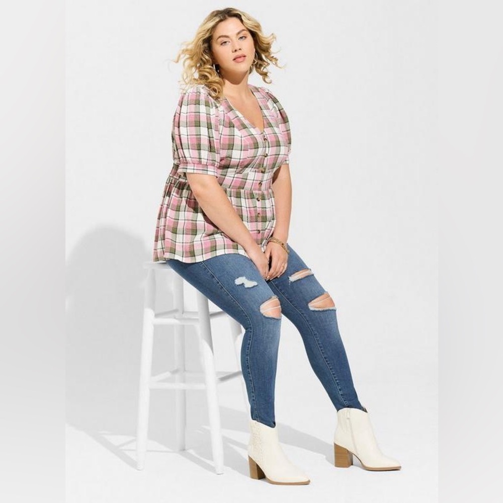 Torrid Plaid Babydoll Crinkle Flannel Gauze Button Up Short Sleeve Plus Size 1X - Picture 12 of 12